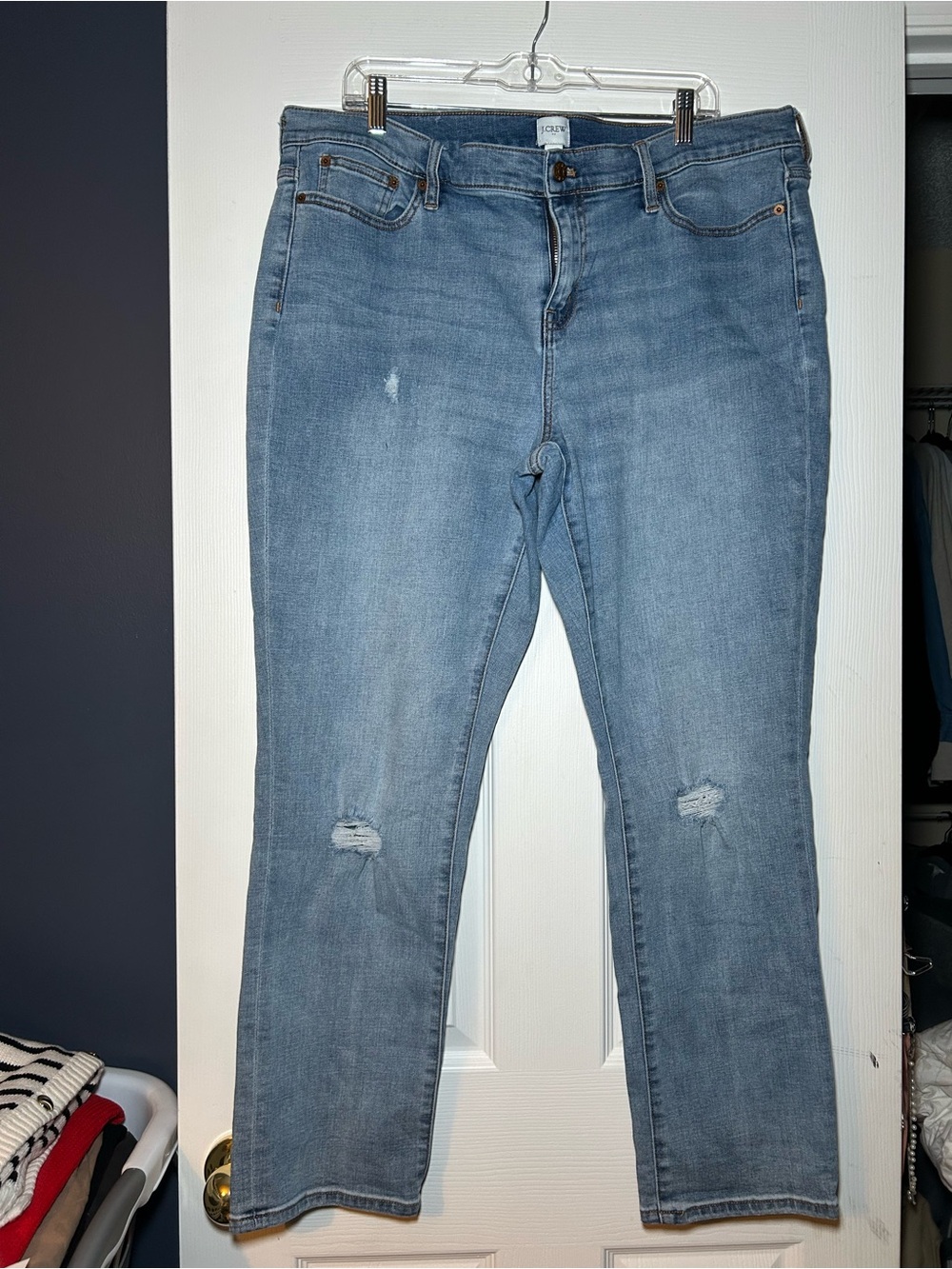 J. Crew Women's Straight-Leg Jeans in Light Blue with Knee Distress